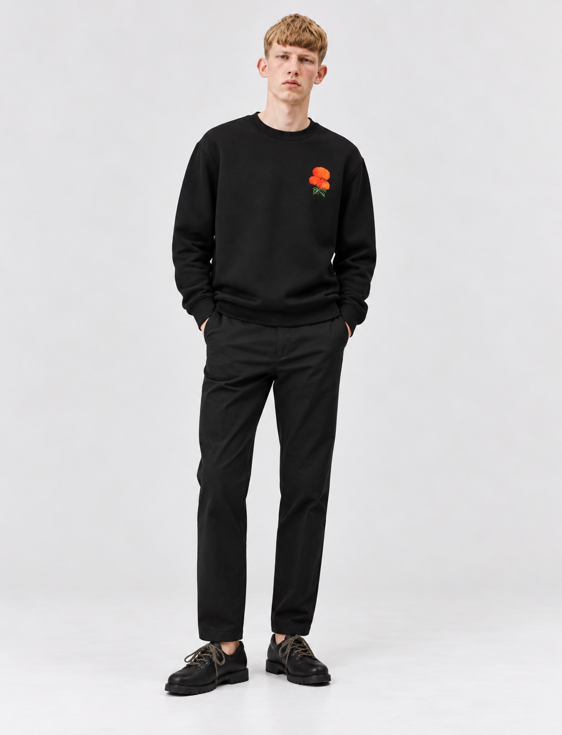 Men’s Flower Print Crew Neck Sweatshirt – Black